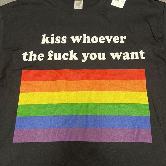 Pride Kiss Whoever the F*ck You Want Rainbow Flag Black Graphic Tee Size Large - Picture 5 of 5